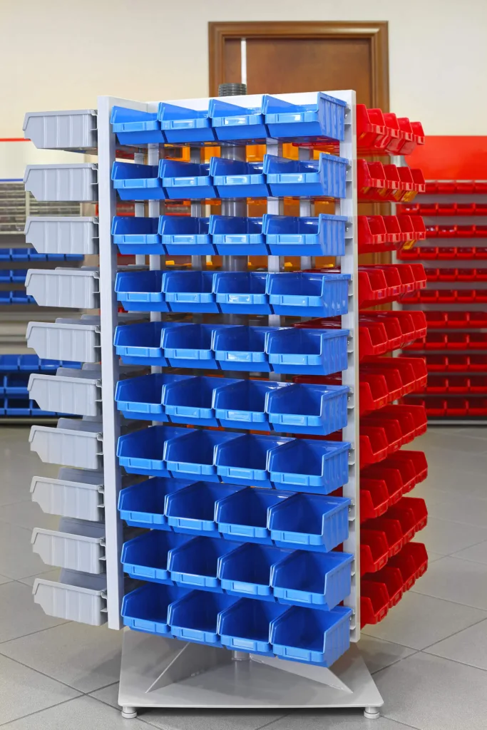 plastic bins for storage in warehouse and tools units